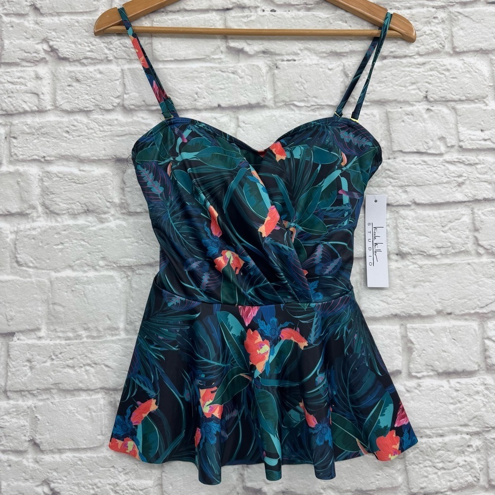 NWT Nicole Miller Studio Bandeau Peplum Tropical Print Tankini Swim Top Size M